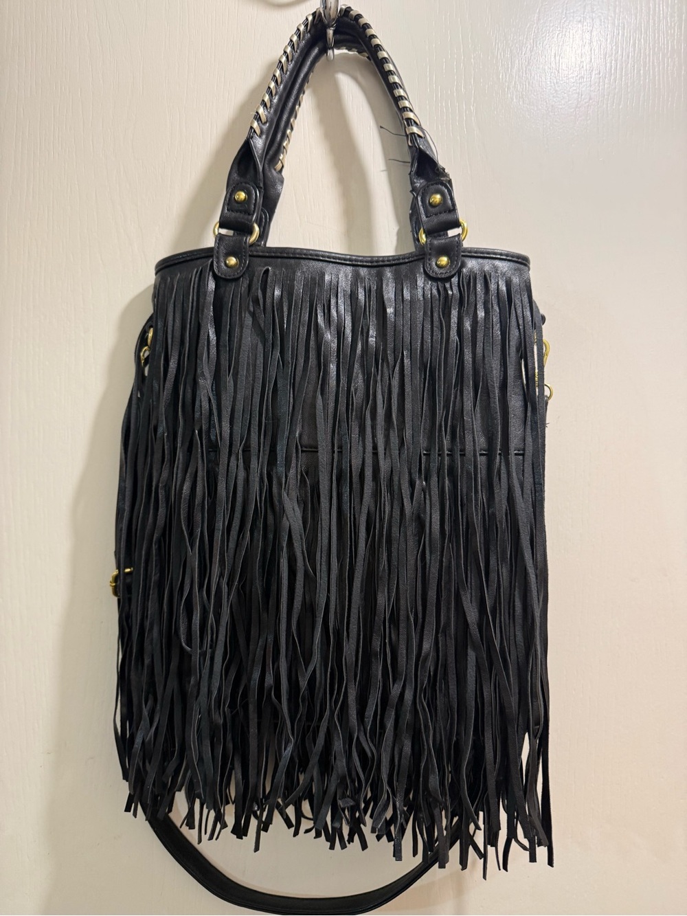Western leather Black Fringe Hobo Bag with Braided Handles